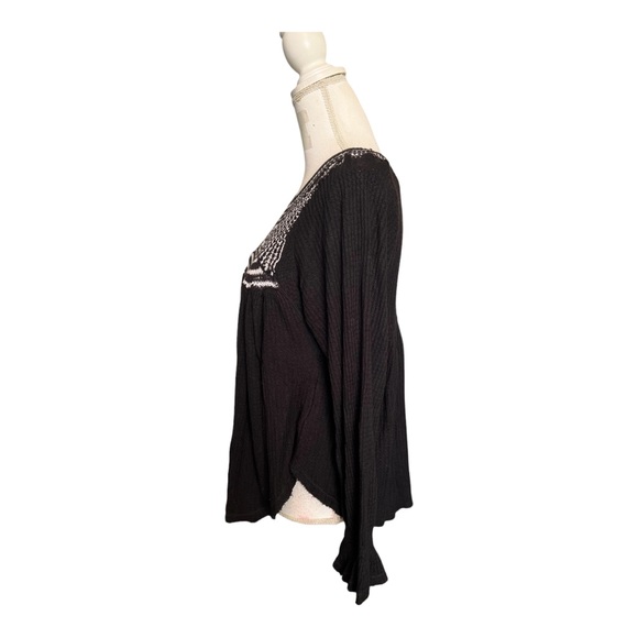 Free People Soulmate Crochet Tunic Top Black Waffle Knit Long Sleeves Size S - Picture 6 of 9